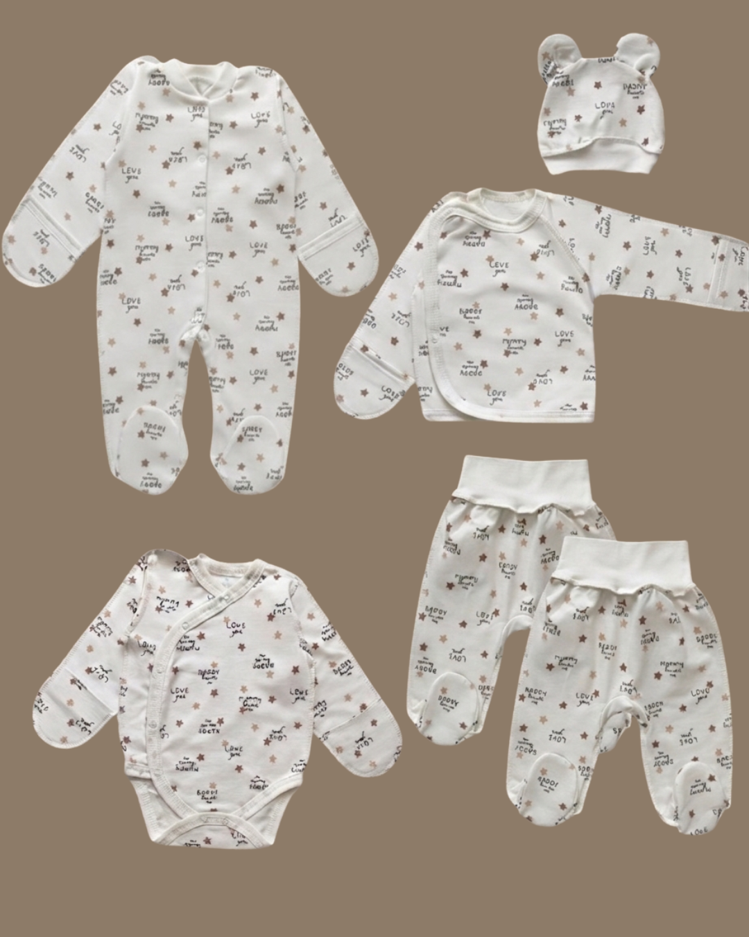 Набір для немовлят футер 6 предметів 62-68 чоловічок, боді, сорочка, шапочка, повзунки - Головне фото | Дитячий одяг Olivka Store